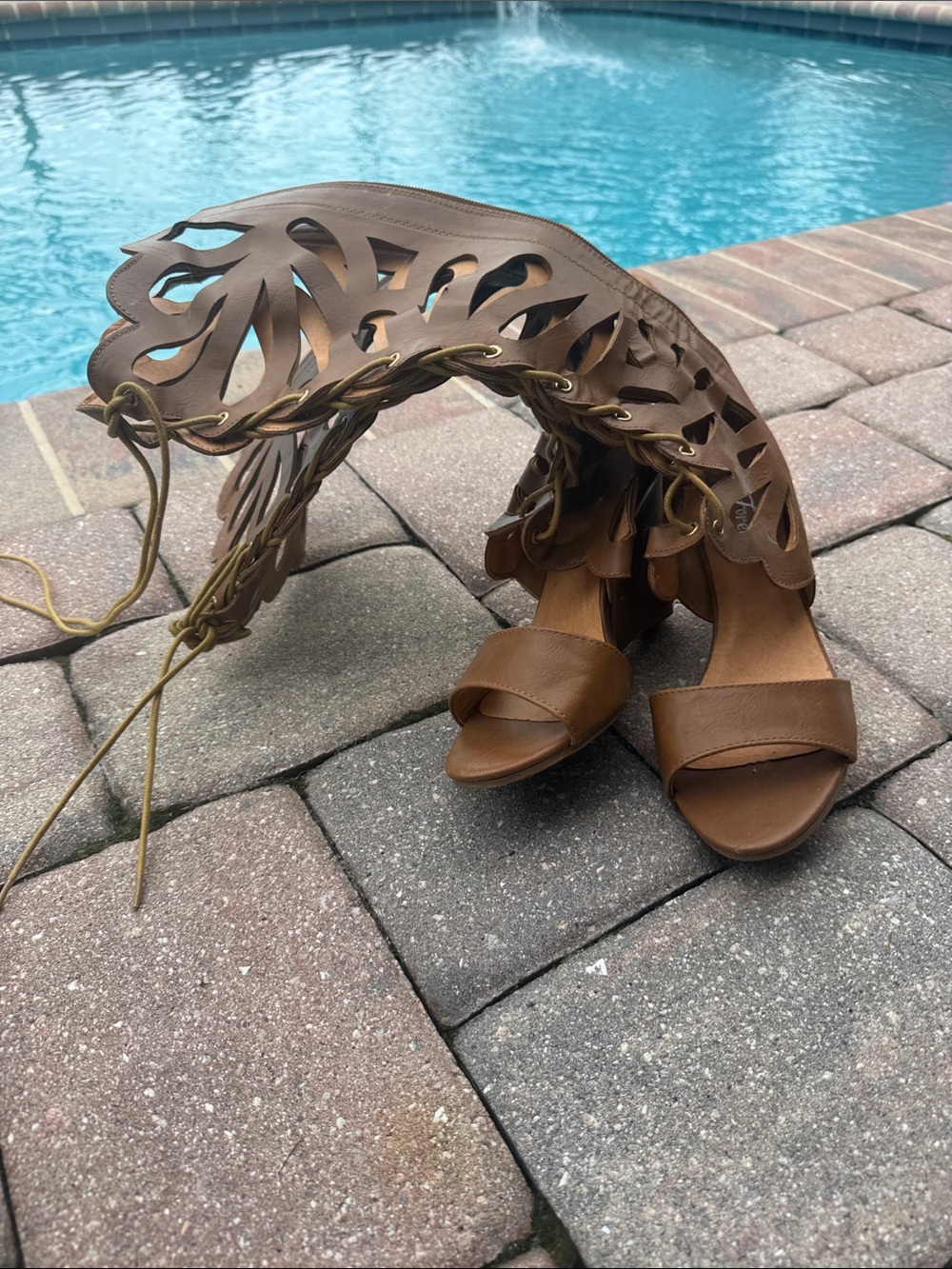 Women's Brown Lace-Up Cutout Heeled Sandals